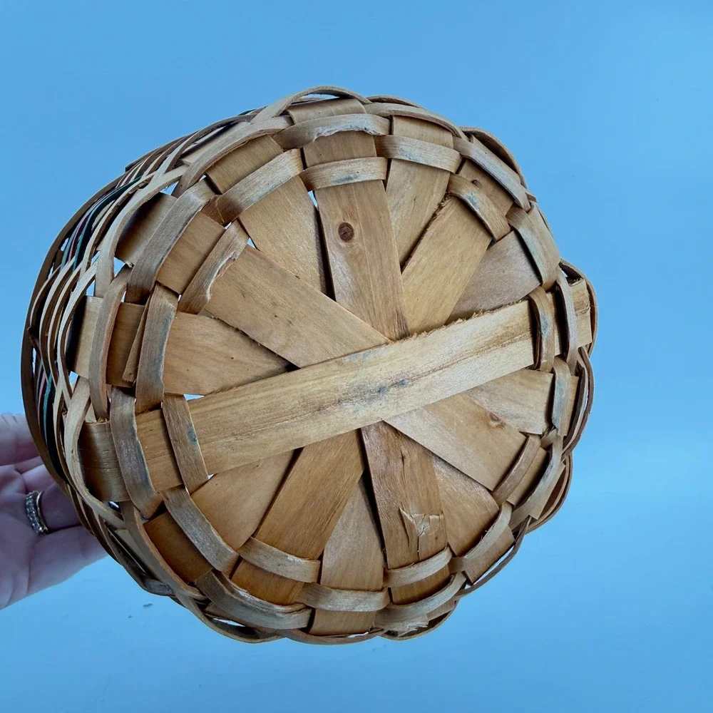 Vintage Woven Wood‎ Basket Small Tan Green Red Farmhouse Decor Handle Easter